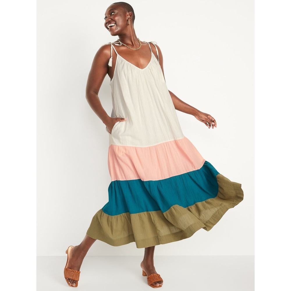 Old Navy Colorblock Tiered Maxi Dress Sleeveless 100% cotton Cottagecore Plus 2X - Picture 2 of 6